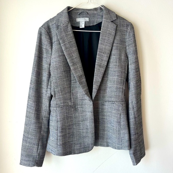 H&M long plaid one button schoolboy blazer women’s size 6 grey neutral office - Picture 1 of 11